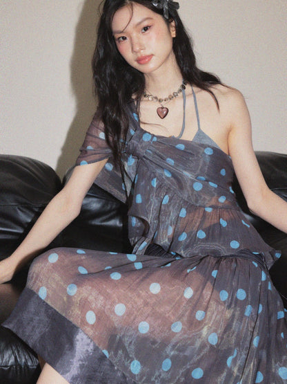 Vintage Girly Airy Semi-Transparent Polka Dot Asymmetrical Ruffle Vest Umbrella Skirt【s0000017802】