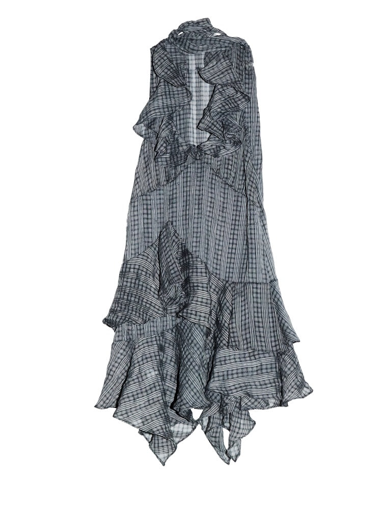 Romantic Vintage Gray Deep V-Neck Ruffled Irregular Hem Semi-Sheer Plaid Dress【s0000017803】