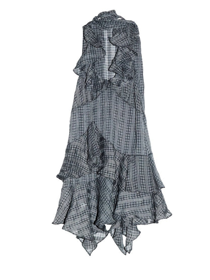 Romantic Vintage Gray Deep V-Neck Ruffled Irregular Hem Semi-Sheer Plaid Dress【s0000017803】