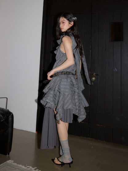 Romantic Vintage Gray Deep V-Neck Ruffled Irregular Hem Semi-Sheer Plaid Dress【s0000017803】