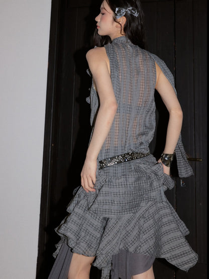 Romantic Vintage Gray Deep V-Neck Ruffled Irregular Hem Semi-Sheer Plaid Dress【s0000017803】