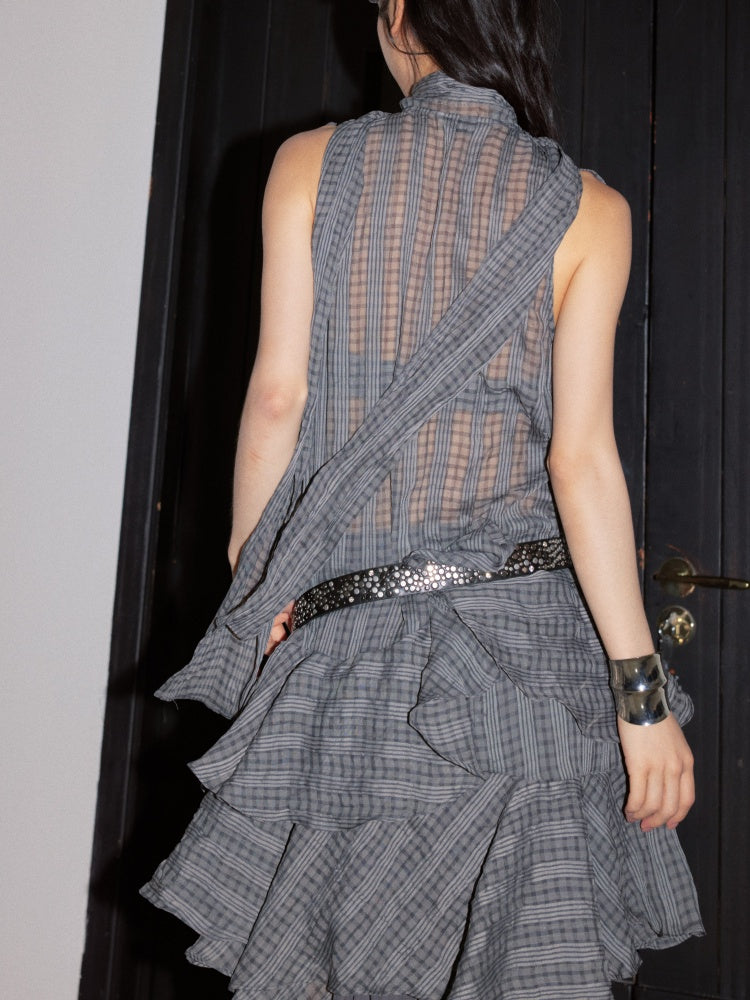 Romantic Vintage Gray Deep V-Neck Ruffled Irregular Hem Semi-Sheer Plaid Dress【s0000017803】
