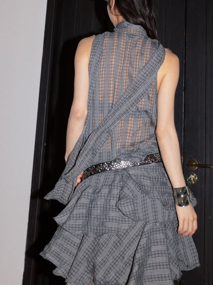 Romantic Vintage Gray Deep V-Neck Ruffled Irregular Hem Semi-Sheer Plaid Dress【s0000017803】