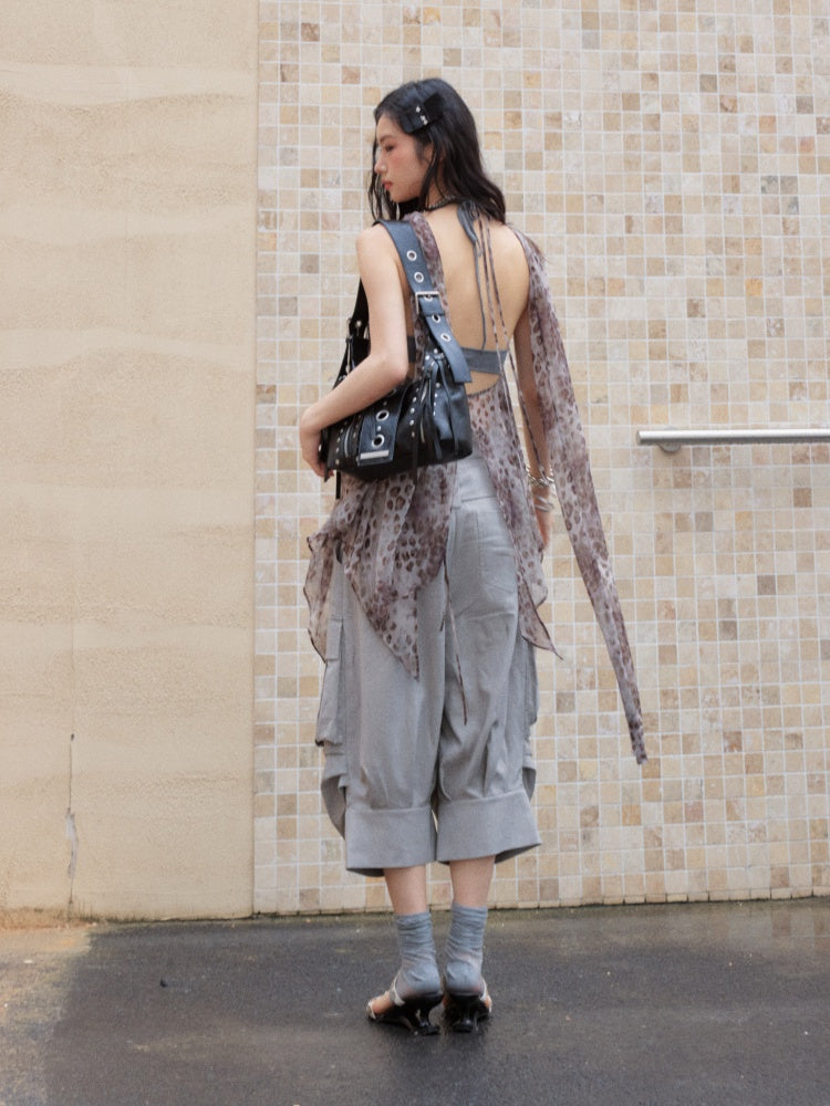 Wandering Artist Abstract Leopard Print Hollow Low Irregular Hem Halter-Neck Camisole【s0000017804】