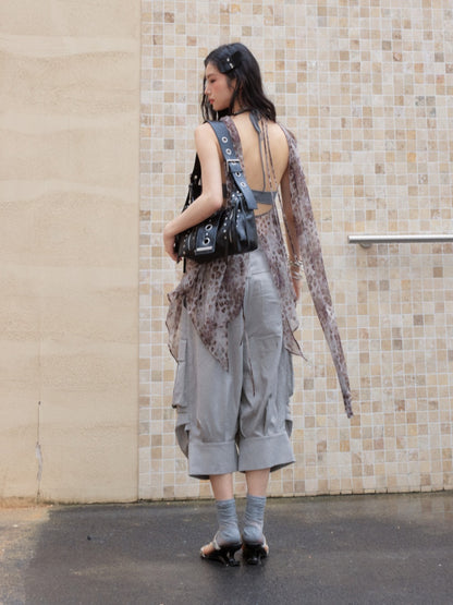 Wandering Artist Abstract Leopard Print Hollow Low Irregular Hem Halter-Neck Camisole【s0000017804】