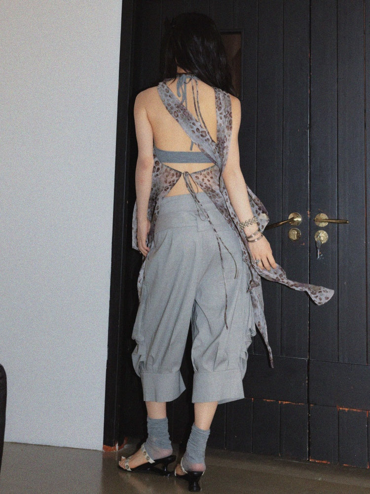Wandering Artist Abstract Leopard Print Hollow Low Irregular Hem Halter-Neck Camisole【s0000017804】