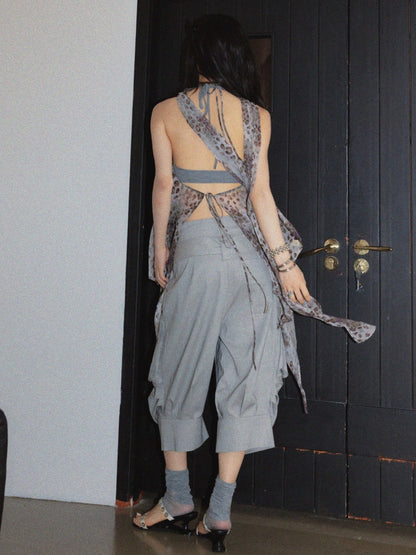 Wandering Artist Abstract Leopard Print Hollow Low Irregular Hem Halter-Neck Camisole【s0000017804】