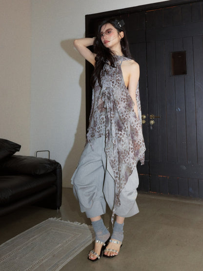 Wandering Artist Abstract Leopard Print Hollow Low Irregular Hem Halter-Neck Camisole【s0000017804】