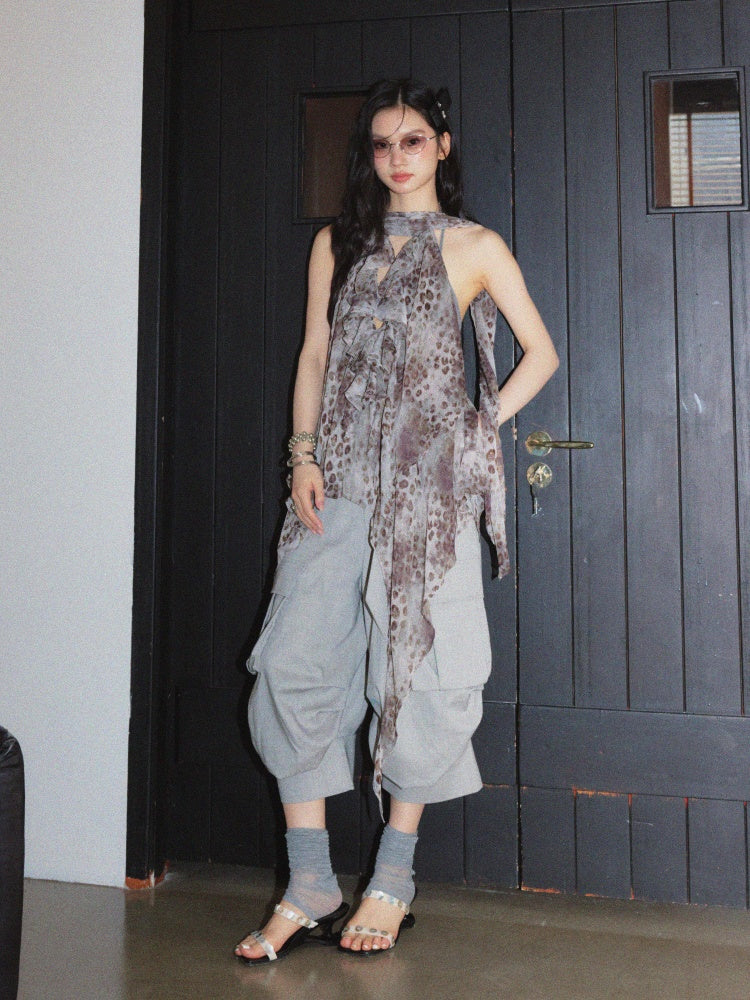 Wandering Artist Abstract Leopard Print Hollow Low Irregular Hem Halter-Neck Camisole【s0000017804】