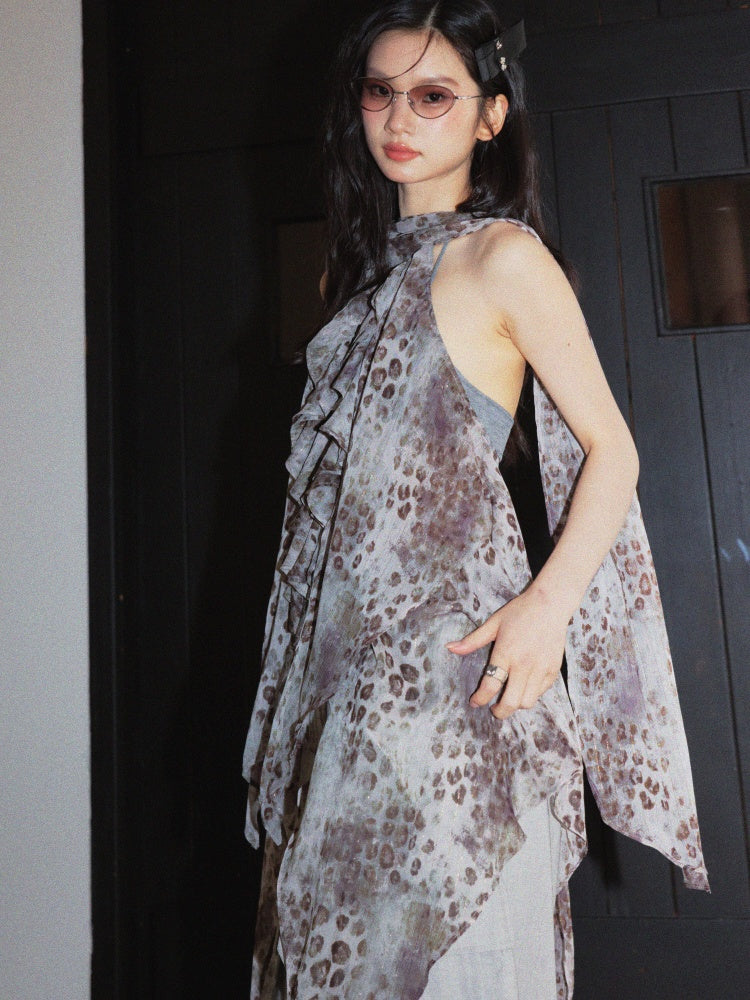 Wandering Artist Abstract Leopard Print Hollow Low Irregular Hem Halter-Neck Camisole【s0000017804】