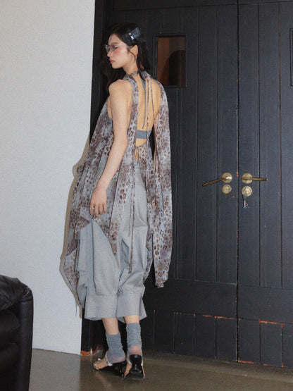 Wandering Artist Abstract Leopard Print Hollow Low Irregular Hem Halter-Neck Camisole【s0000017804】