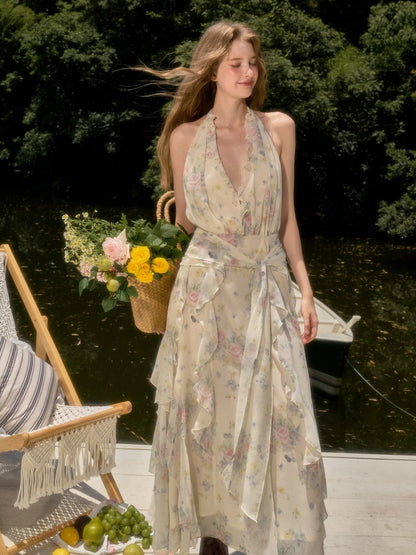 Flowers Relaxed Vitality Fairy Summer Sleeveless V-Neck Long Dress【s0000017805】