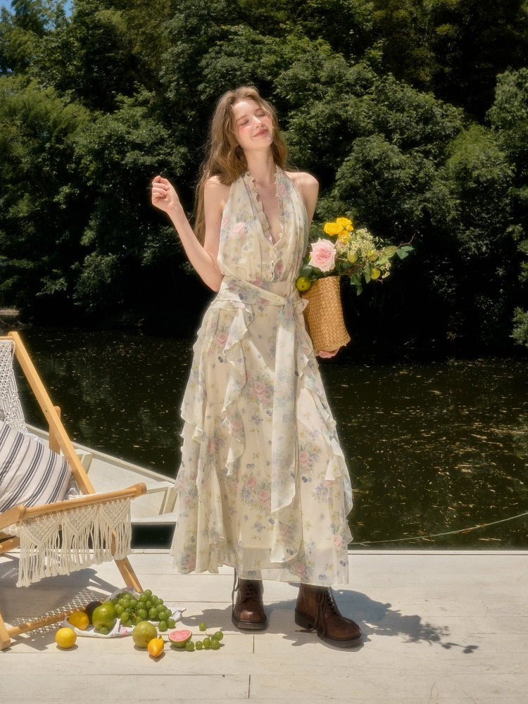 Flowers Relaxed Vitality Fairy Summer Sleeveless V-Neck Long Dress【s0000017805】