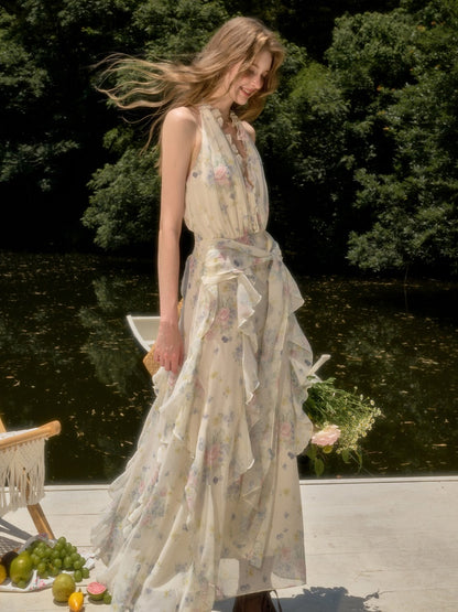 Flowers Relaxed Vitality Fairy Summer Sleeveless V-Neck Long Dress【s0000017805】