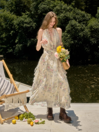 Flowers Relaxed Vitality Fairy Summer Sleeveless V-Neck Long Dress【s0000017805】