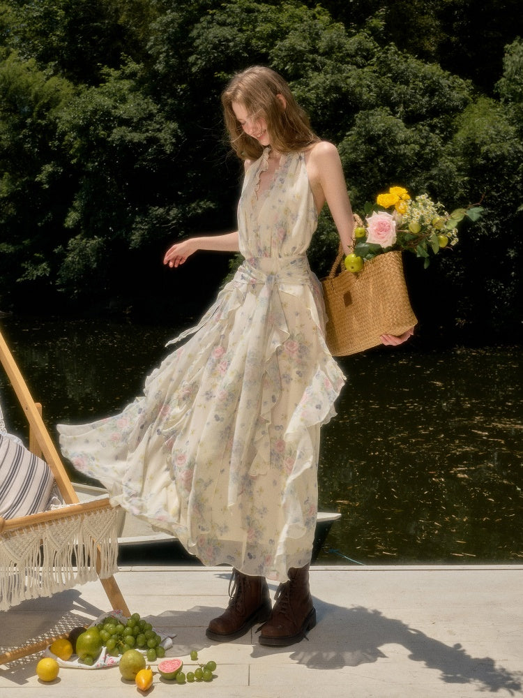 Flowers Relaxed Vitality Fairy Summer Sleeveless V-Neck Long Dress【s0000017805】