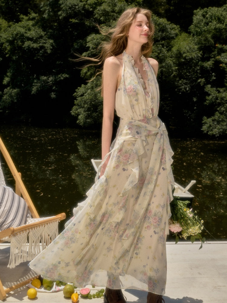 Flowers Relaxed Vitality Fairy Summer Sleeveless V-Neck Long Dress【s0000017805】