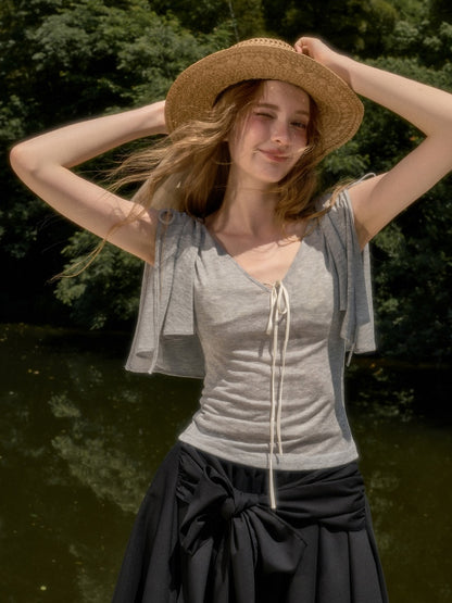 Feather Cool Slim Versatile Short-Sleeved Cape Mini T-Shirt【s0000017807】