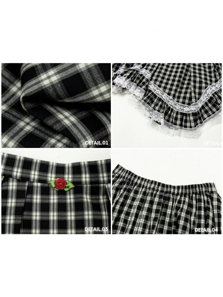 Field Comfortable Cotton Texture Little Plaid Lace Mini Skirt【s0000017808】