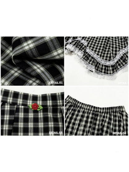 Field Comfortable Cotton Texture Little Plaid Lace Mini Skirt【s0000017808】