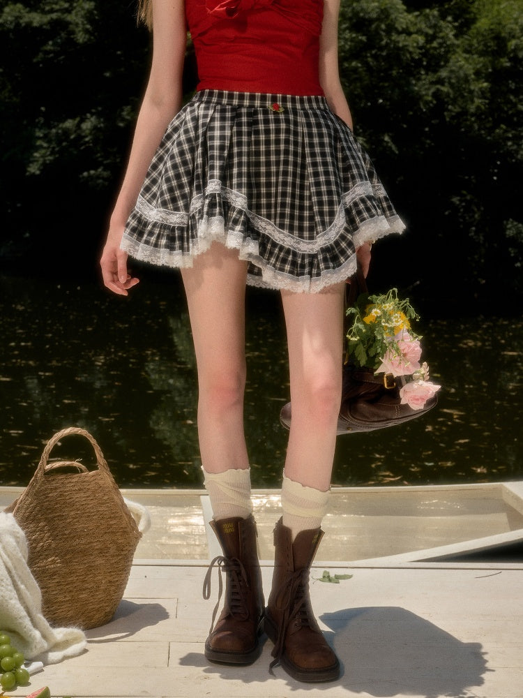Field Comfortable Cotton Texture Little Plaid Lace Mini Skirt【s0000017808】