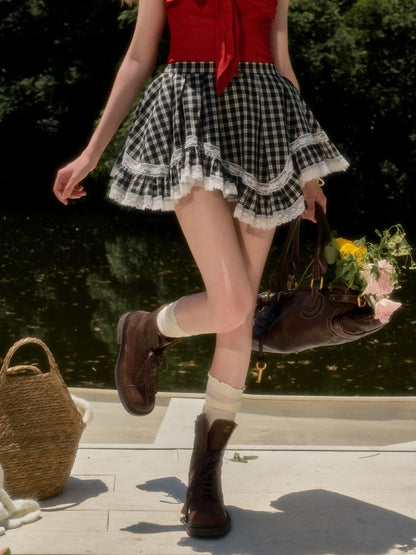 Field Comfortable Cotton Texture Little Plaid Lace Mini Skirt【s0000017808】