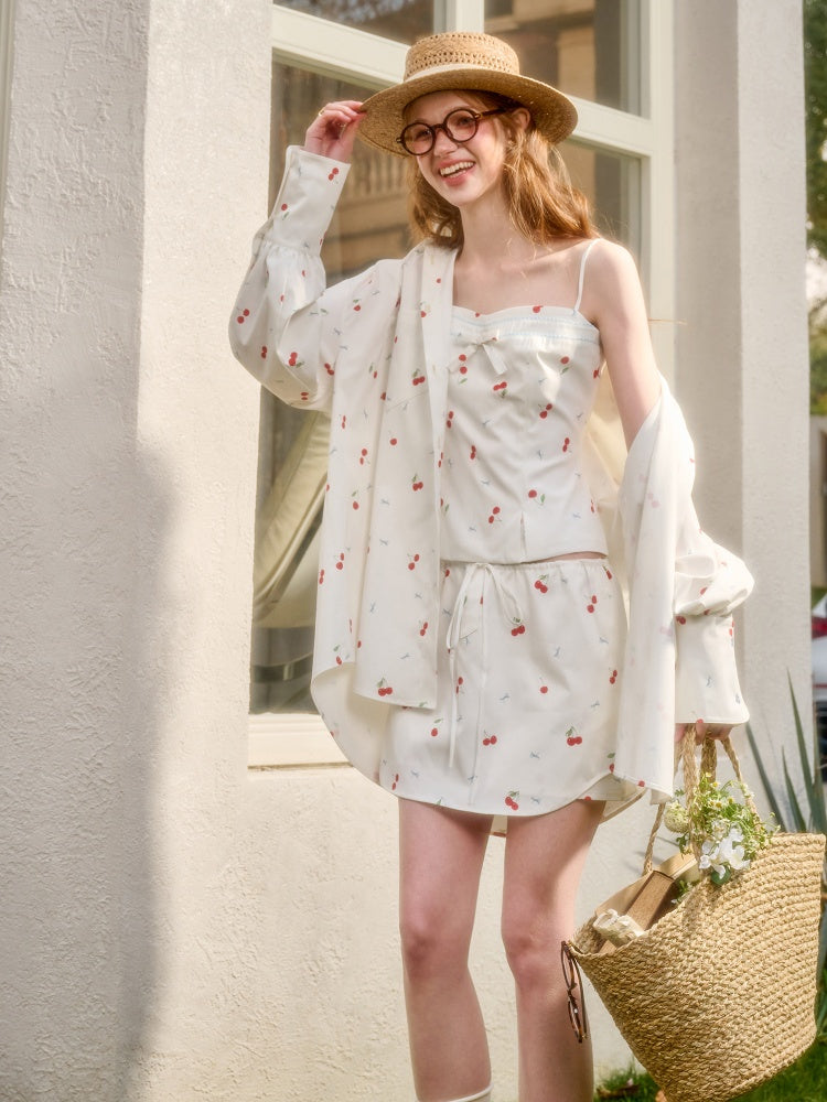 Cherry Orchard Original Print Camisole Shirt Midi Skirt  Three-Piece Set【s0000017810】