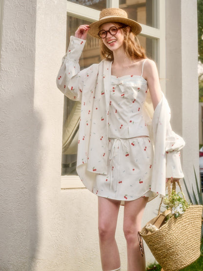 Cherry Orchard Original Print Camisole Shirt Midi Skirt  Three-Piece Set【s0000017810】