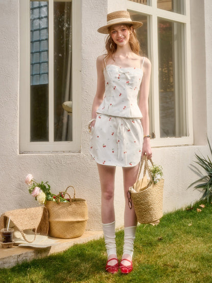 Cherry Orchard Original Print Camisole Shirt Midi Skirt  Three-Piece Set【s0000017810】