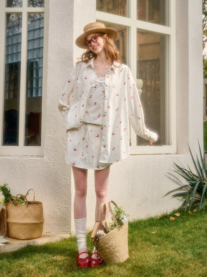 Cherry Orchard Original Print Camisole Shirt Midi Skirt  Three-Piece Set【s0000017810】