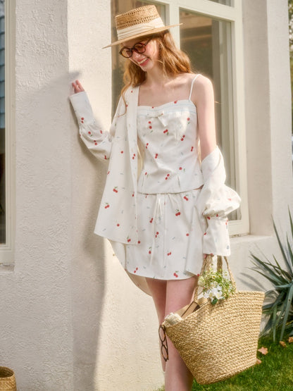 Cherry Orchard Original Print Camisole Shirt Midi Skirt  Three-Piece Set【s0000017810】