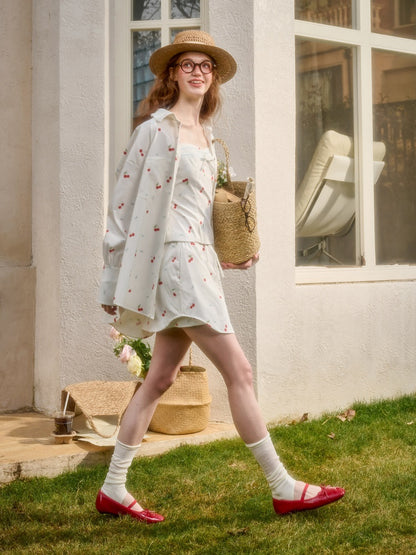 Cherry Orchard Original Print Camisole Shirt Midi Skirt  Three-Piece Set【s0000017810】