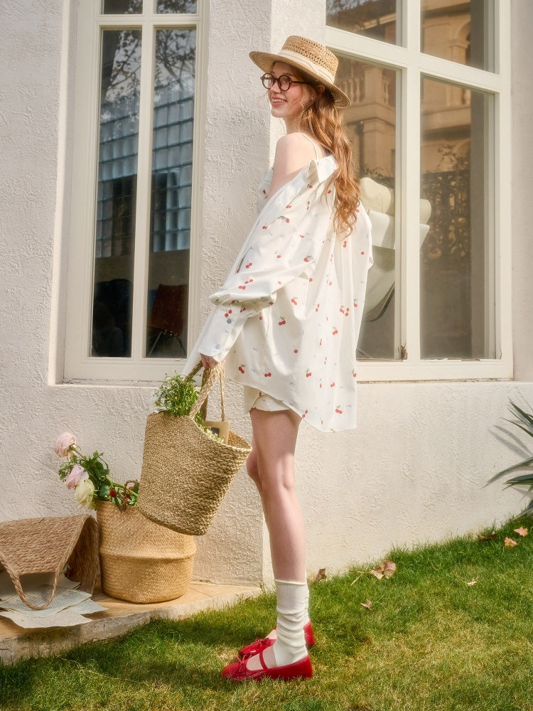 Cherry Orchard Original Print Camisole Shirt Midi Skirt  Three-Piece Set【s0000017810】