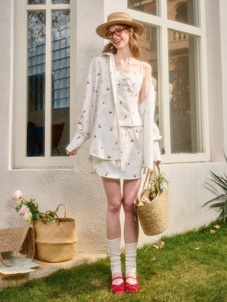 Cherry Orchard Original Print Camisole Shirt Midi Skirt  Three-Piece Set【s0000017810】