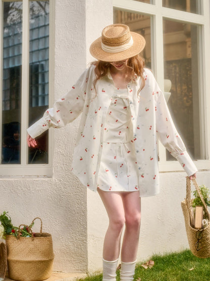 Cherry Orchard Original Print Camisole Shirt Midi Skirt  Three-Piece Set【s0000017810】