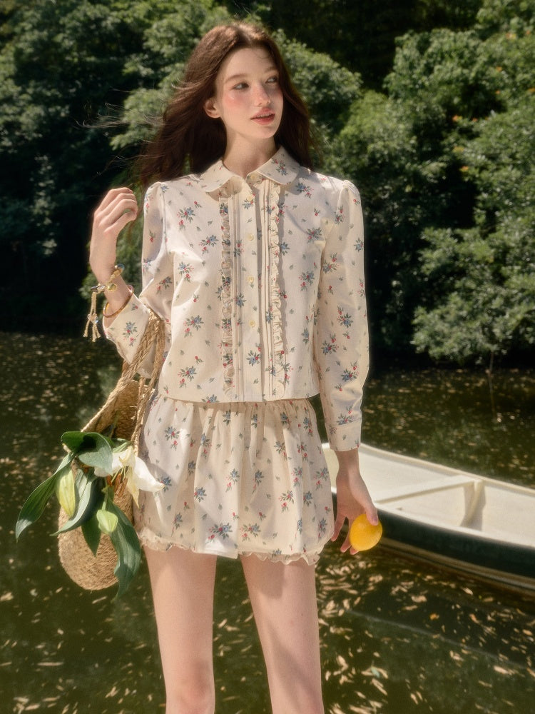 Good Weather Mediterranean Flower Cute Shirt & Skirt Set【s0000017813】