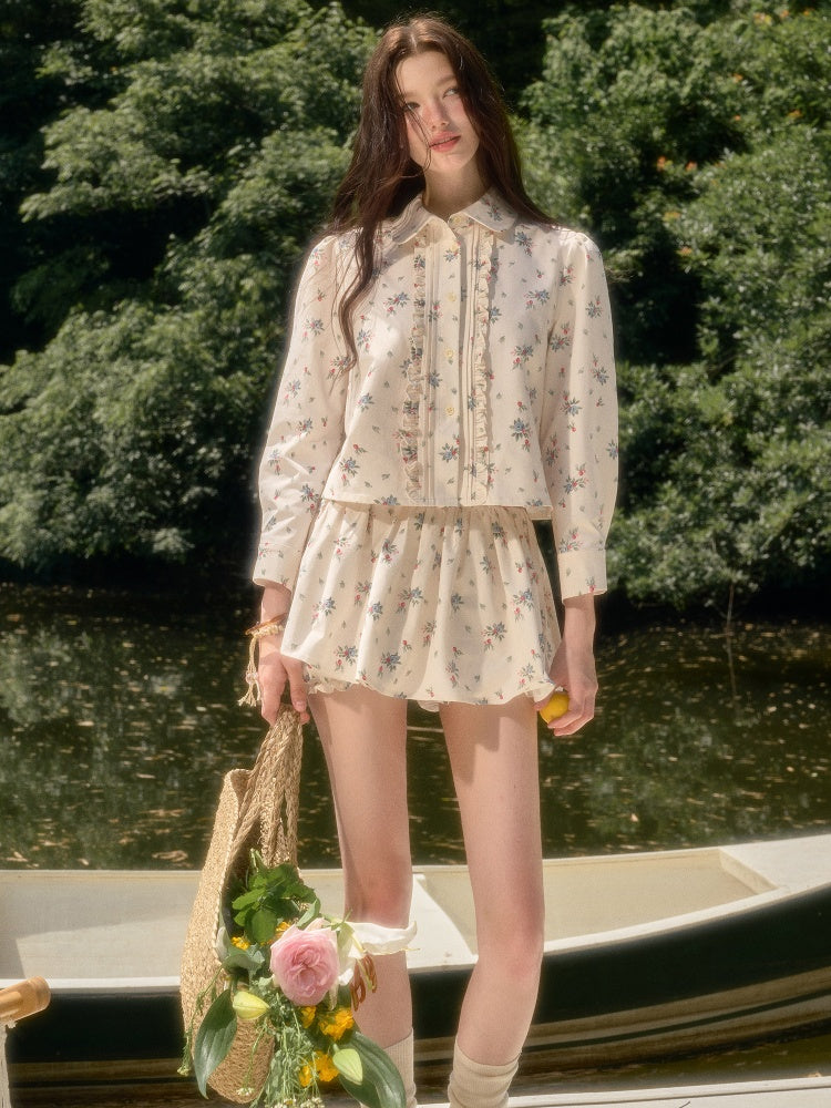 Good Weather Mediterranean Flower Cute Shirt & Skirt Set【s0000017813】