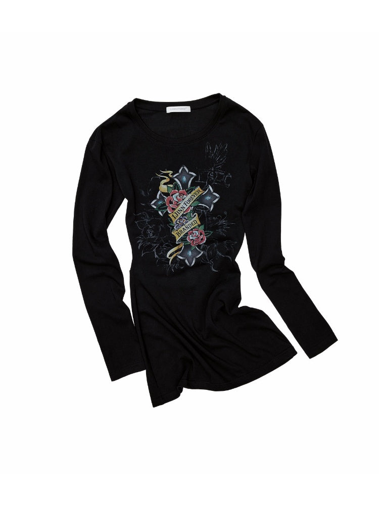 Cross Print Cut-Out Waist-Revealing Mid-Length Slimming Long-Sleeve T-Shirt【s0000017817】