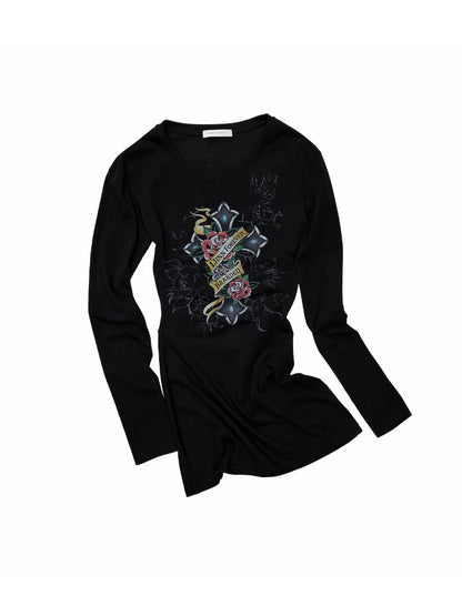 Cross Print Cut-Out Waist-Revealing Mid-Length Slimming Long-Sleeve T-Shirt【s0000017817】