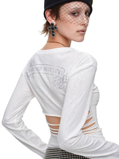 Cross Print Cut-Out Waist-Revealing Mid-Length Slimming Long-Sleeve T-Shirt【s0000017817】