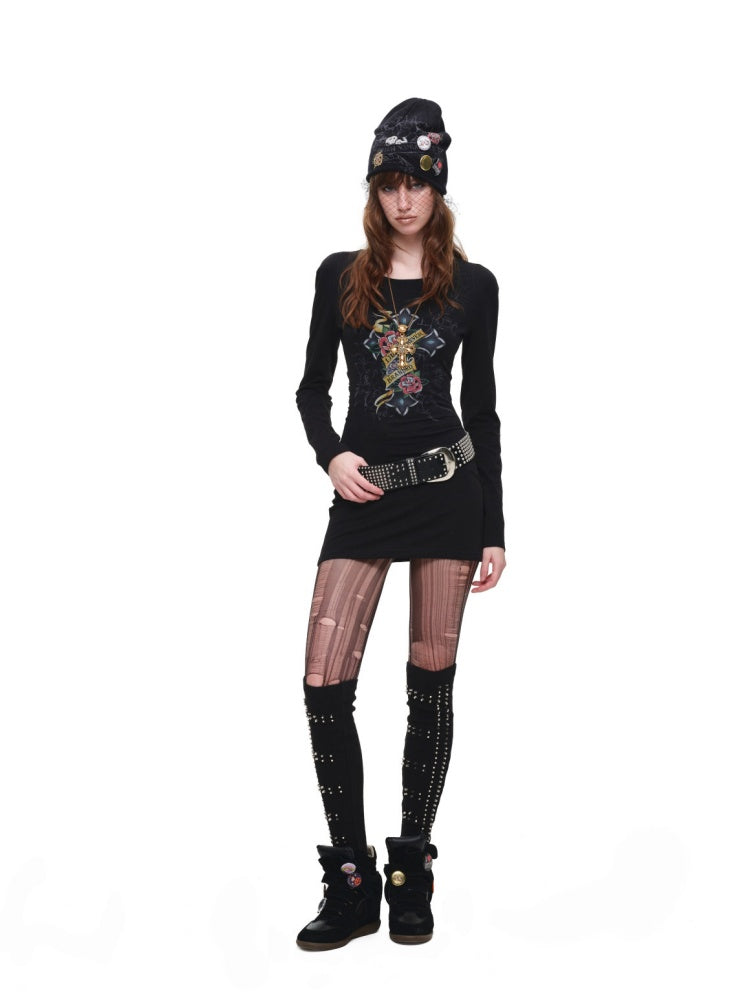 Cross Print Cut-Out Waist-Revealing Mid-Length Slimming Long-Sleeve T-Shirt【s0000017817】