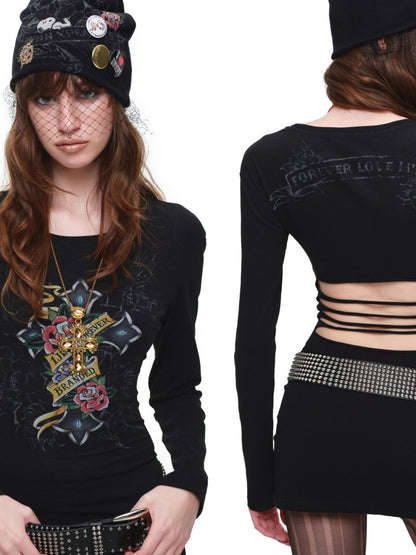 Cross Print Cut-Out Waist-Revealing Mid-Length Slimming Long-Sleeve T-Shirt【s0000017817】