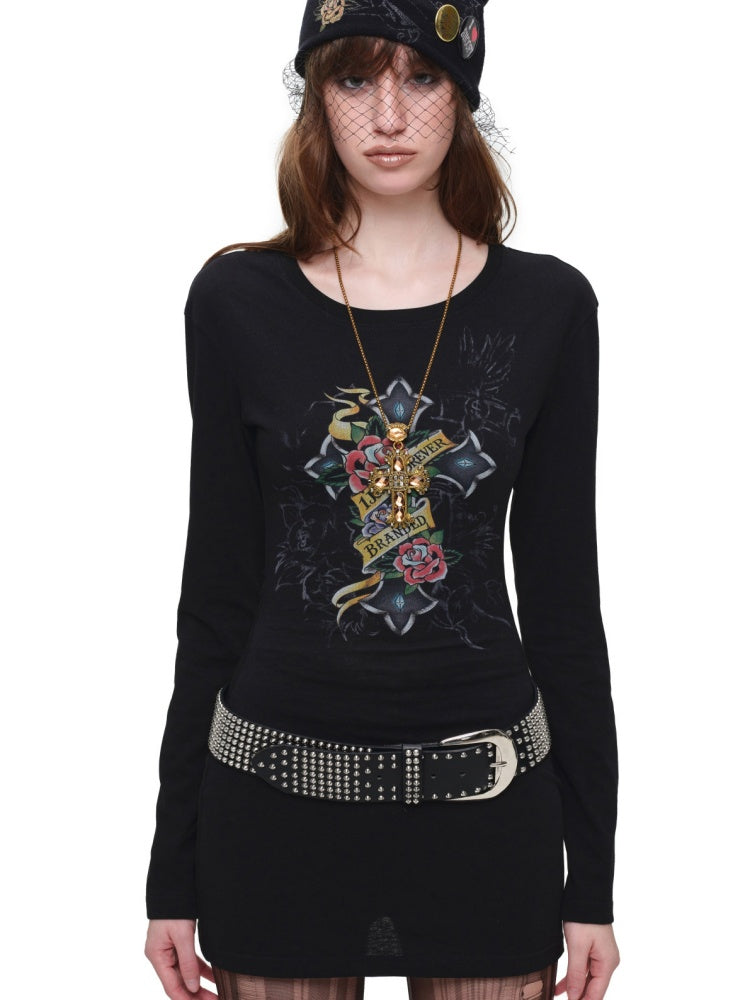 Cross Print Cut-Out Waist-Revealing Mid-Length Slimming Long-Sleeve T-Shirt【s0000017817】