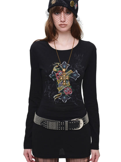 Cross Print Cut-Out Waist-Revealing Mid-Length Slimming Long-Sleeve T-Shirt【s0000017817】