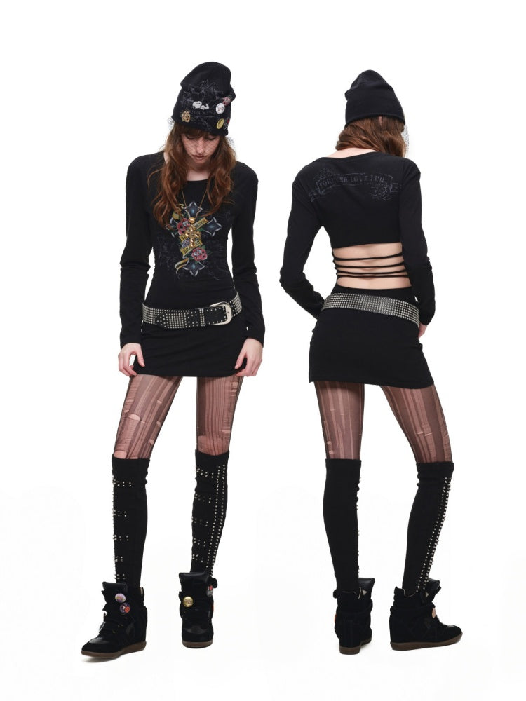 Cross Print Cut-Out Waist-Revealing Mid-Length Slimming Long-Sleeve T-Shirt【s0000017817】