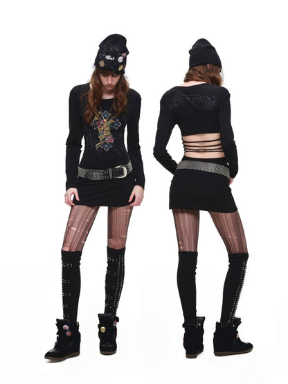 Cross Print Cut-Out Waist-Revealing Mid-Length Slimming Long-Sleeve T-Shirt【s0000017817】
