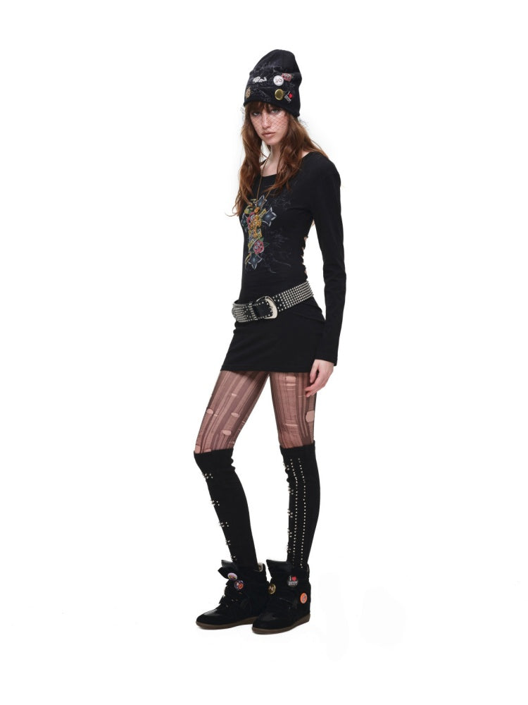 Cross Print Cut-Out Waist-Revealing Mid-Length Slimming Long-Sleeve T-Shirt【s0000017817】