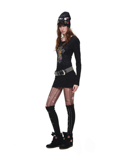 Cross Print Cut-Out Waist-Revealing Mid-Length Slimming Long-Sleeve T-Shirt【s0000017817】