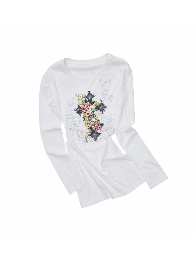 Cross Print Cut-Out Waist-Revealing Mid-Length Slimming Long-Sleeve T-Shirt【s0000017817】
