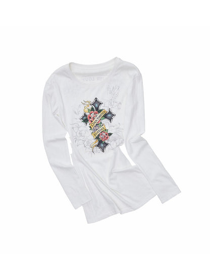 Cross Print Cut-Out Waist-Revealing Mid-Length Slimming Long-Sleeve T-Shirt【s0000017817】